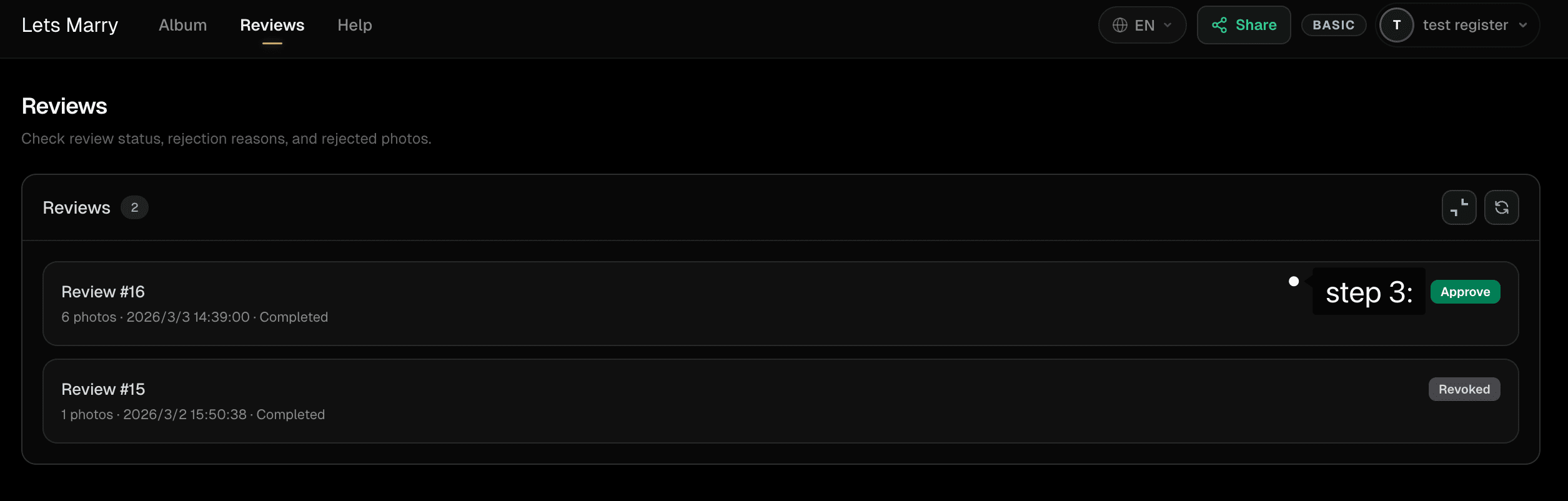Review management with status tracking